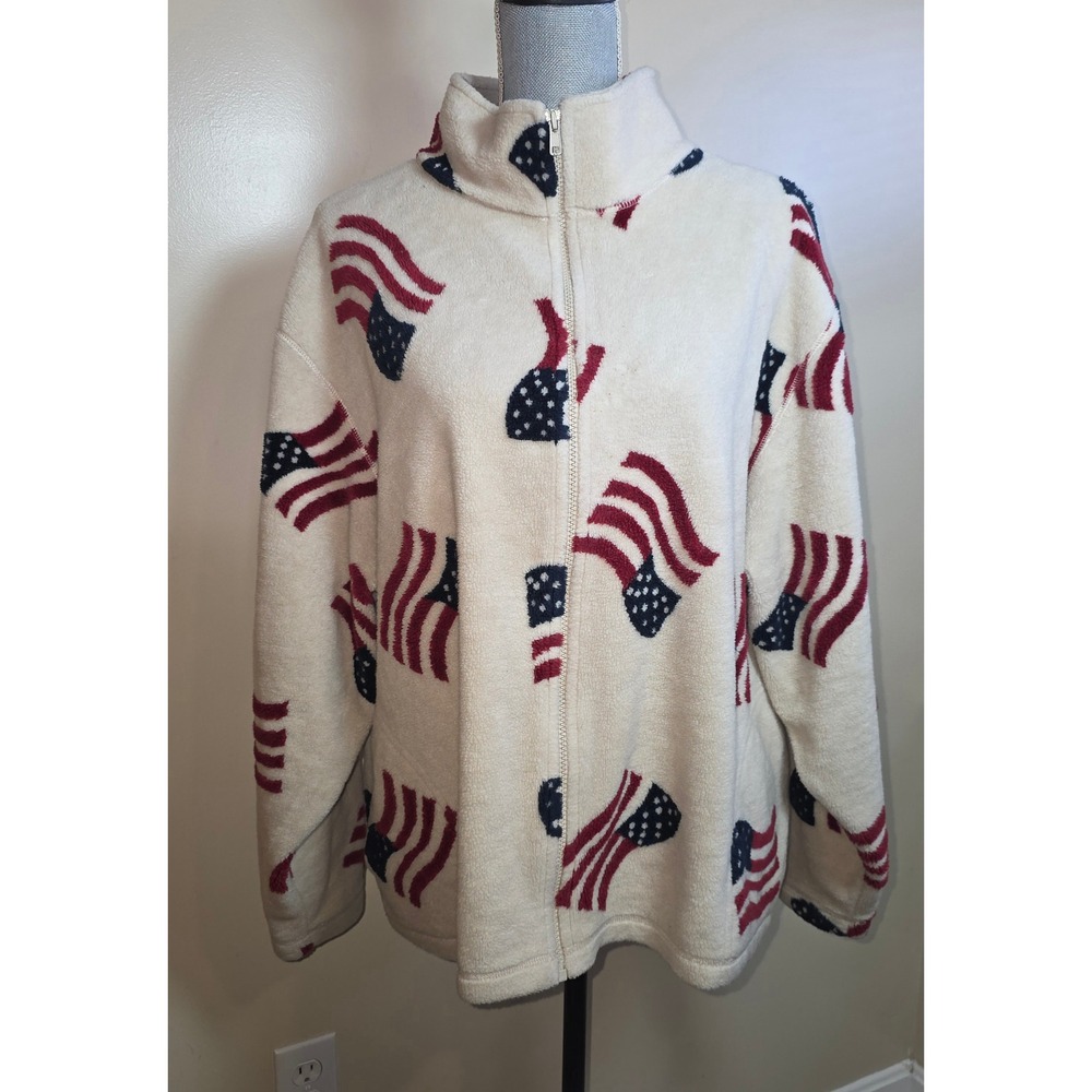 Mandal Bay American‎ Flag Fleece Jacket Women XX-Large Cream Full Zip USA Made